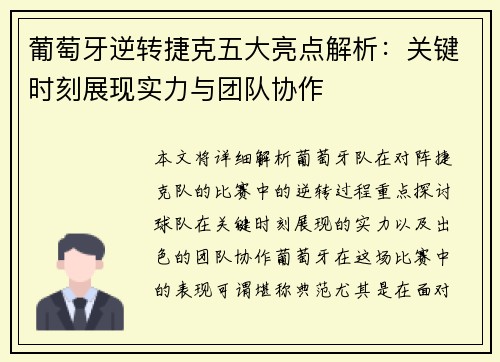 葡萄牙逆转捷克五大亮点解析：关键时刻展现实力与团队协作