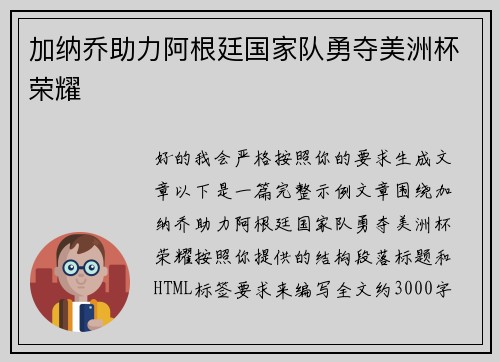 加纳乔助力阿根廷国家队勇夺美洲杯荣耀