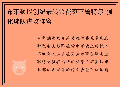 布莱顿以创纪录转会费签下鲁特尔 强化球队进攻阵容